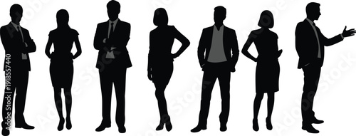 Silhouette illustration of business professionals, corporate communication concept, teamwork design, leadership artwork, office attire vector, professional diversity representation