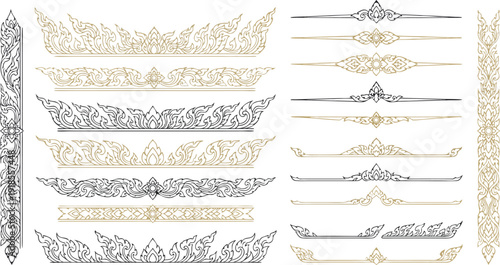 Thai Traditional Line Art Pattern, Golden Luxury Ornament Vector for Background and Design