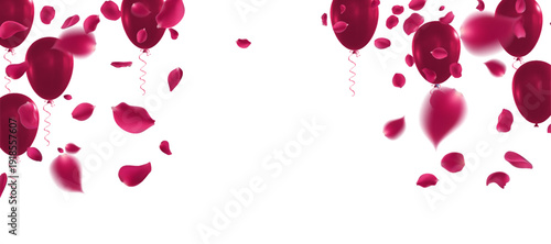 Elegant dark red balloons and rose petals falling on white background romantic festive horizontal banner for perfume and fabric softener advertisement cosmetic product promotion Valentines Day 