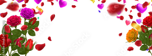 Vibrant bouquet of red, pink, and orange roses with falling petals and purple hearts  luxury banner for perfume and fabric softener advertisement promotion Valentines Day wedding gift floral frame