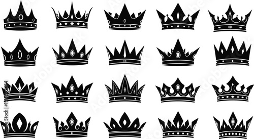 Royal crown silhouette collection vector illustration set with black king and queen tiara icons isolated on white background