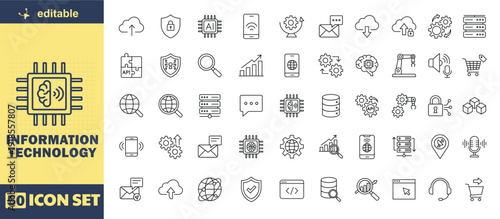 Editable 50 icon set focused on Information and Communication Technology (ICT), featuring modern line outline icons representing cloud computing, artificial intelligence, data technology