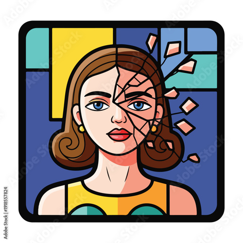 A woman's face with a shattered mirror effect on one side