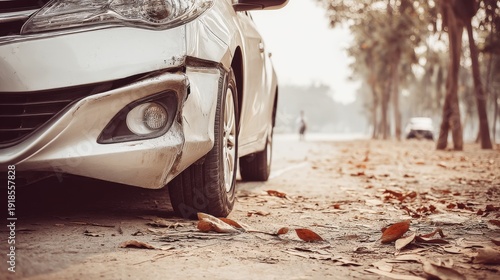 The front bumper of a white car shows damage after a minor accident on a tree-lined road du autumn, with fallen leaves litte the shoulder of the road.