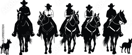 Western cowboy riders on horseback silhouette vector illustration with ranch dogs isolated, country rodeo team concept black design