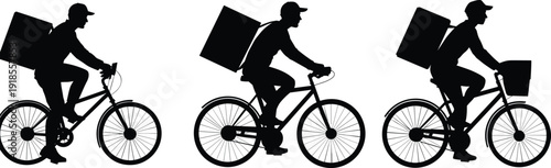 Silhouette illustration of delivery cyclists on bicycles, courier service concept, urban transport design, goods distribution artwork, fast shipping vector graphic