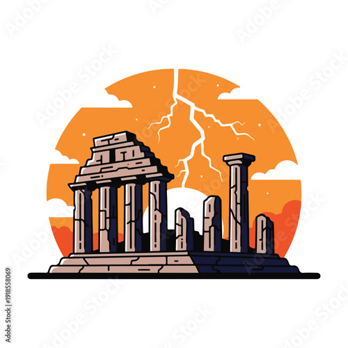 Ancient temple ruins with orange sunset