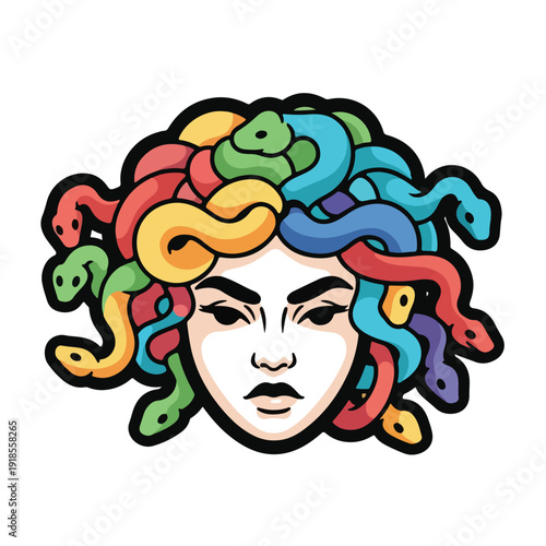 A woman's face with snakes on her head