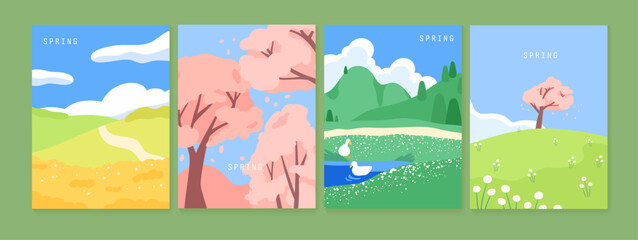 Leinwandbilder Olivgrün Minimal spring landscape vector set  © Studio Mei Design