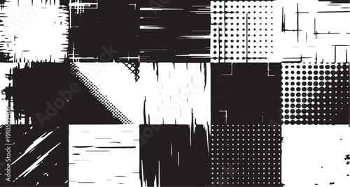 Dynamic Black and White Abstract Background with Various Grunge and Halftone Textures