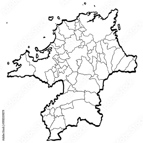 福岡県地図 筆タッチ 市町村区分 和風 九州 西日本 /  A brushstroke map of Fukuoka prefecture 2