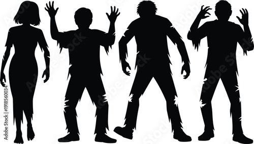 Zombie silhouettes, horror figures, Halloween undead, scary walking monsters, creepy shadows, spooky night creatures, haunted costumes, eerie poses, apocalypse theme, dark illustration