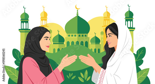 Muslim women sharing a respectful greeting, an illustration of Islamic tradition and unity during celebrations like Eid or Ramadan with mosque.