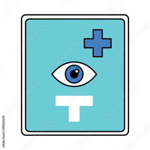Medical eye care icon with a blue iris, a white T-shape, and a blue cross on a light blue background, symbolizing vision health and examination.