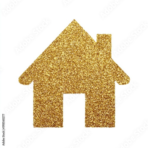 Shimmering gold glitter forms a stylized house silhouette on a white background