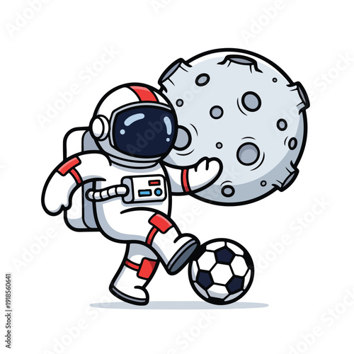 Astronaut kicking soccer ball with moon