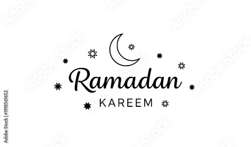 Modern Ramadan Kareem Typography with Crescent and Stars Black Vector Illustration