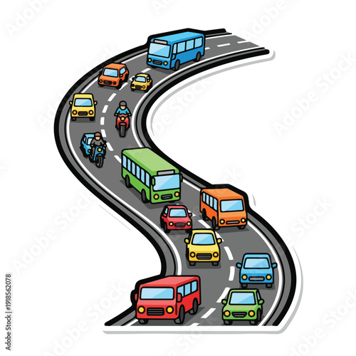 Colorful cartoon road with various vehicles