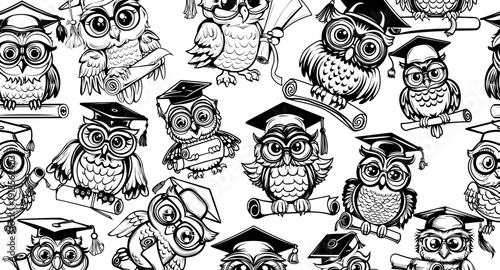 illustration vector pattern owl, bird, design, wildlife, animal, nature, background, seamless, texture, cute, art, graphic, forest, noctural, wise, character, drawing, element, print, wrapping, textil