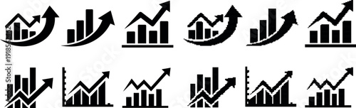 Collection of various black financial growth chart icons on transparent background