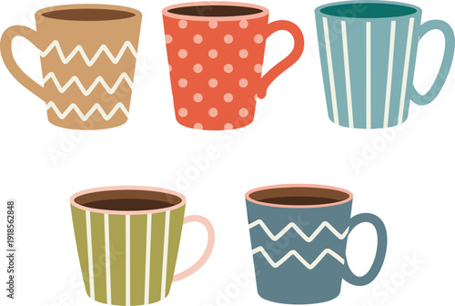 Coffee mugs collection, colorful cup designs, patterned drinkware, ceramic illustration, beverage container art, cafe style, hot drink icons, decorative mugs, modern design, branding concept