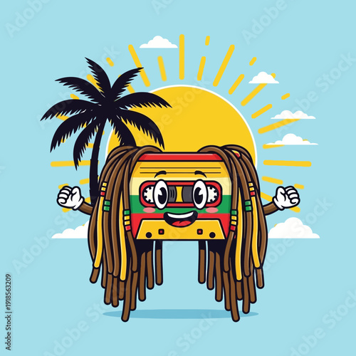 Cartoon Cassette Tape with Dreadlocks, Palm Tree, and Sun - Retro Music Vibe
