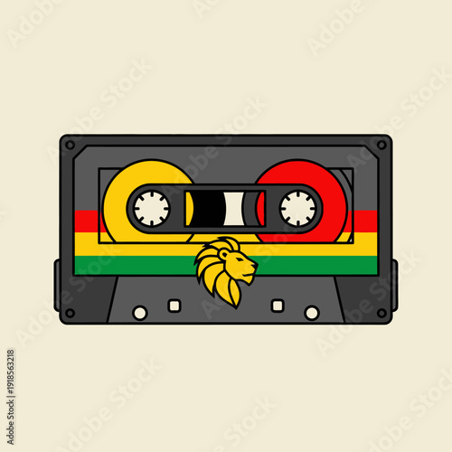 Retro Cassette Tape with Rasta Colors and Lion Symbol, Vintage Music Icon