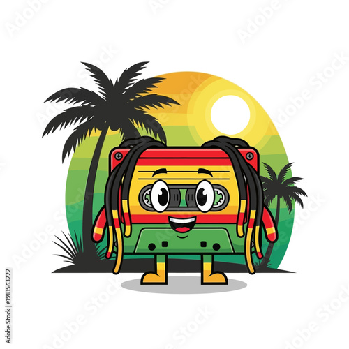 Cartoon Cassette Tape Character with Dreadlocks, Palm Trees, and Sunset