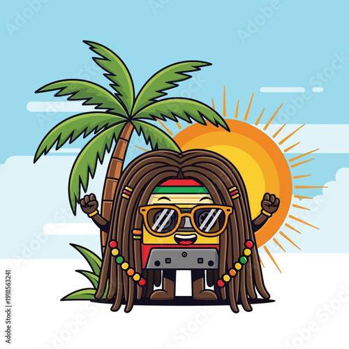 Rasta Cassette Tape Character with Dreadlocks on Tropical Beach