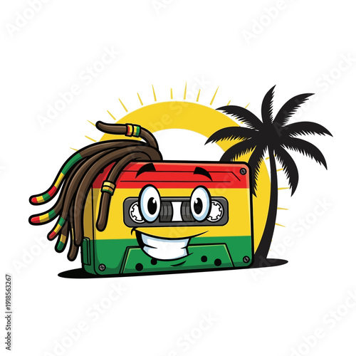 Funny Cassette Tape Character with Dreadlocks and Rasta Colors