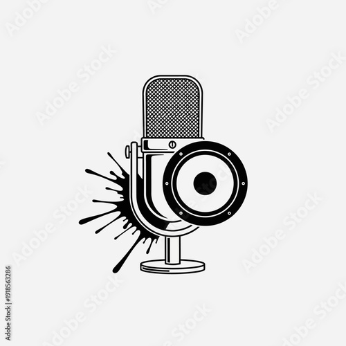 Retro Microphone with Speaker and Ink Splash - Music and Audio Concept