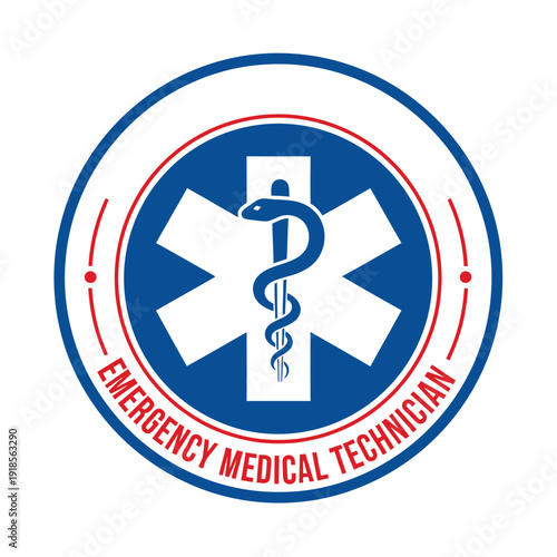 Circular emblem for Emergency Medical Technician featuring the blue Star of Life symbol with a Rod of Asclepius and red text on a white background.