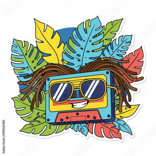 Retro Cassette Tape with Dreadlocks and Sunglasses, Tropical Leaves