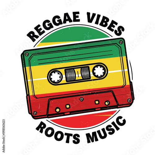 Reggae Vibes Cassette Tape with Jamaican Flag Colors and Text