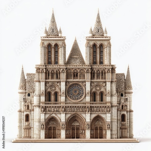 Intricate miniature Gothic cathedral model with twin spires and rose window