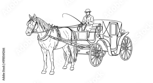 Hand drawn horse drawn carriage with driver line art vector illustration isolated on white background