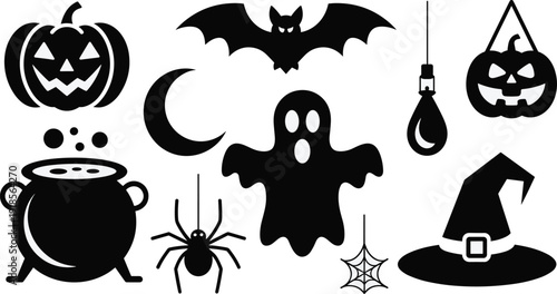 Halloween silhouette icons, spooky pumpkin face, haunted ghost design, witch cauldron illustration, spider web art, bat flying, eerie moon symbol, creepy noose