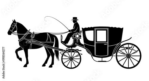 Black silhouette horse carriage with coachman classic transport vector isolated on white