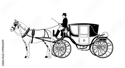 Vintage horse and carriage with coachman flat vector illustration isolated on white background