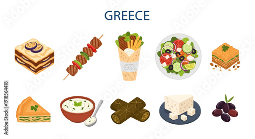 Collection of ten distinct illustrations of traditional Greek foods arranged in two rows
