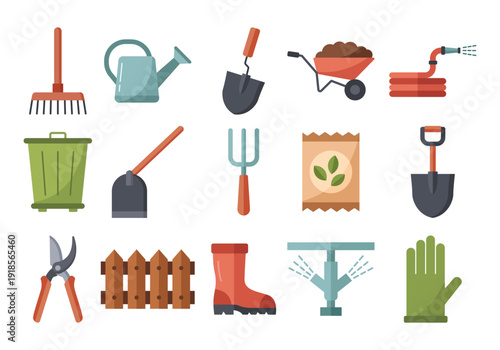 Gardening Tools and Equipment Collection with Rake Shovel Watering Can and Fence Set