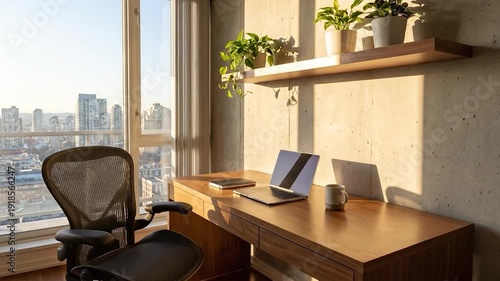 Modern Home Office with City View Laptop with Desk, Chair, Plants, and Sunlight.