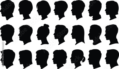 Human silhouettes, profile heads, black silhouettes, diverse hairstyles, identity concept, facial recognition, artistic design, vintage style, people profiles, collection