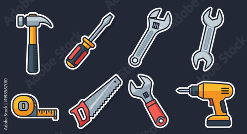 Essential Handyman & DIY Tools Vector Sticker Set with Hammer, Drill, Wrenches, and Saw on Dark Background