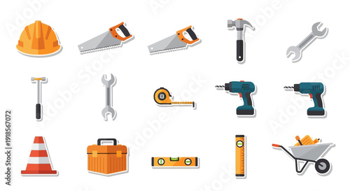 Construction and DIY Tools Collection. Flat design icons of building, repair, and handyman equipment including helmet, saws, hammer, wrench, drill, tape measure, toolbox, and wheelbarrow.