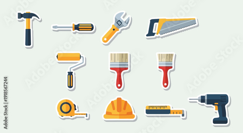 Flat Design Construction and DIY Tools Icon Set: Hammer, Drill, Saw, Paint Brush, Wrench & Safety Equipment