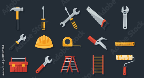 Flat Design Construction, DIY, and Home Improvement Tools Set with Hard Hat, Hammer, Wrench, and Paint Roller Icons on Dark Background