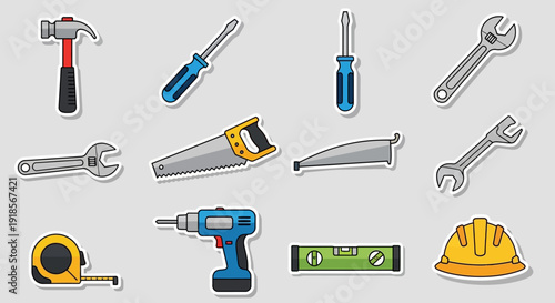 Essential Construction and DIY Hand Tools Icons Set. Home Improvement & Renovation Equipment Stickers.