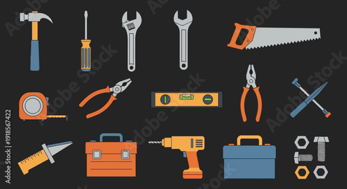 Flat Design Tool Kit Collection. Vector icons for DIY, home improvement, construction, and repair projects. Essential workshop and maintenance instruments.