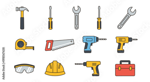 Construction and DIY Tools Icon Set. Flat Design Illustration of Hammer, Drill, Saw, Screwdriver, Wrench, Tape Measure, Safety Gear, and Toolbox.